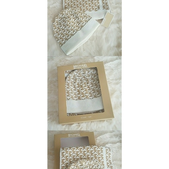 Michael Kors Accessories - MK Michael Kors Gold White Cream Scarf & Hat NWT
